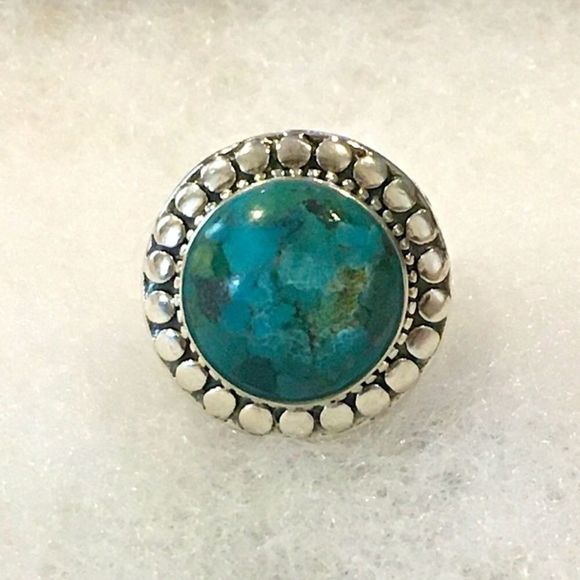 Turquoise Cabochon and Sterling Silver Basket Weave Ring Sz 7 or Sz 8 - Picture 1 of 12
